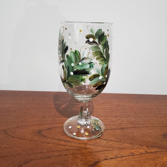 Other - hand painted wine glass pine branch leaves green gold winter holidays handmade